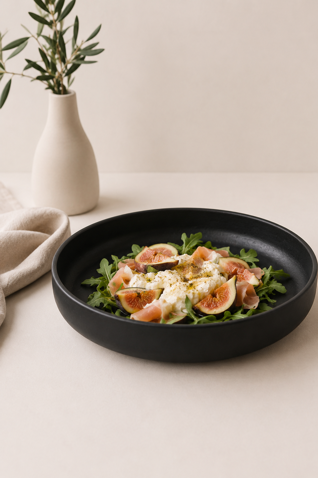 A black shallow bowl or plate holding a salad with fig slices, greens, and creamy dressing, styled on a light beige surface with a cream vase and folded napkin in the background.