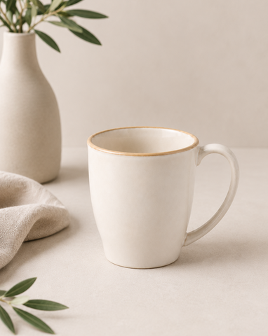 A white ceramic mug with a thin gold rim sits on a light beige surface next to a matching beige vase with green leaves and a folded cream cloth.