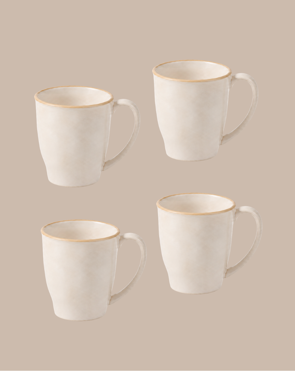 Four white ceramic mugs with a thin gold rim, arranged in a 2x2 grid on a solid beige background.