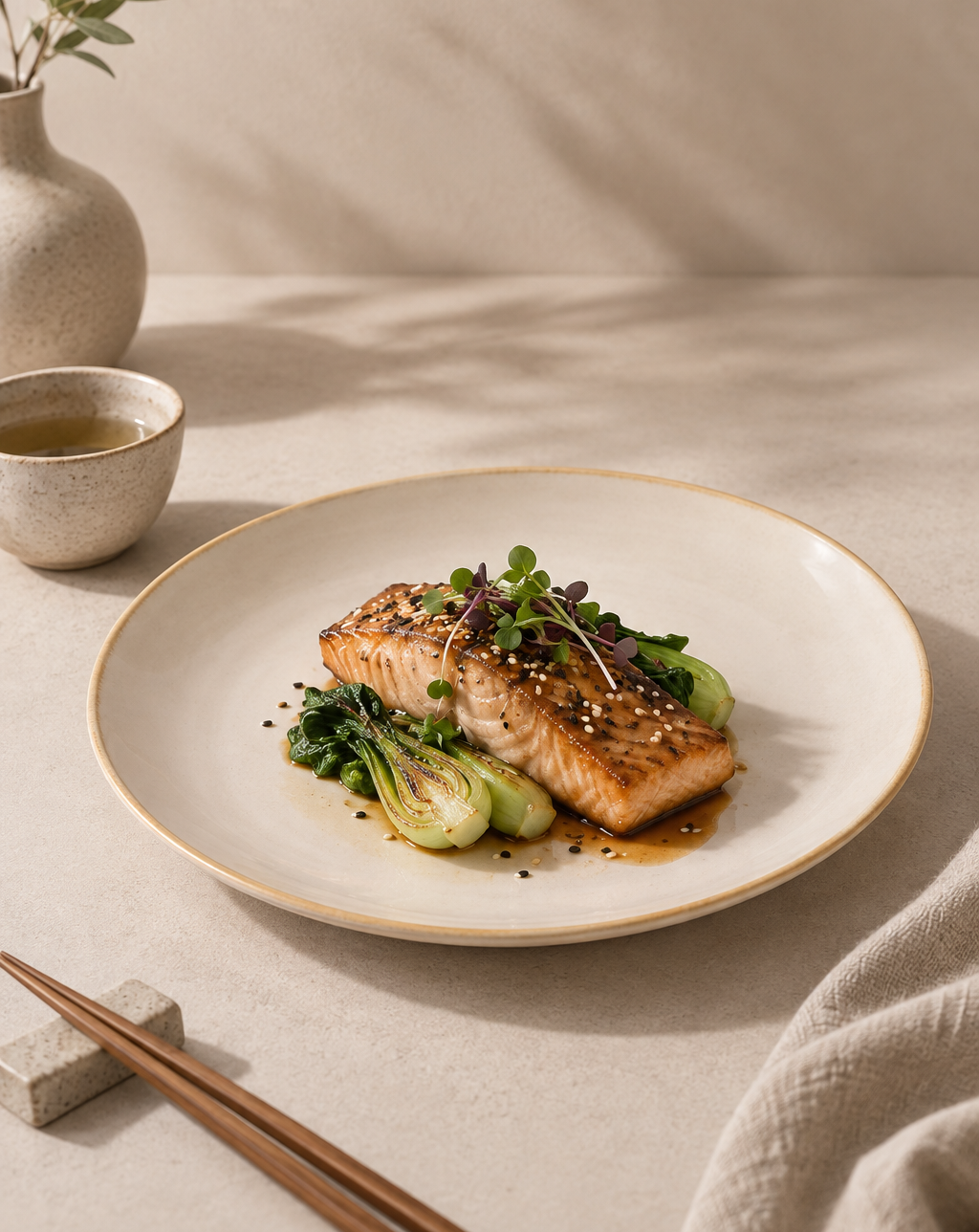 A plated salmon dish with bok choy and microgreens on a beige ceramic plate with a gold rim, styled on a neutral tabletop with chopsticks, a small cup, and a vase in the background.