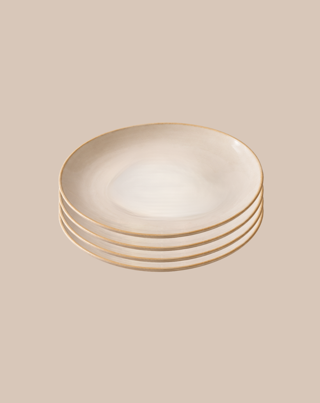A stack of five round ceramic plates with a warm cream center and a thin gold rim, set against a solid beige background.