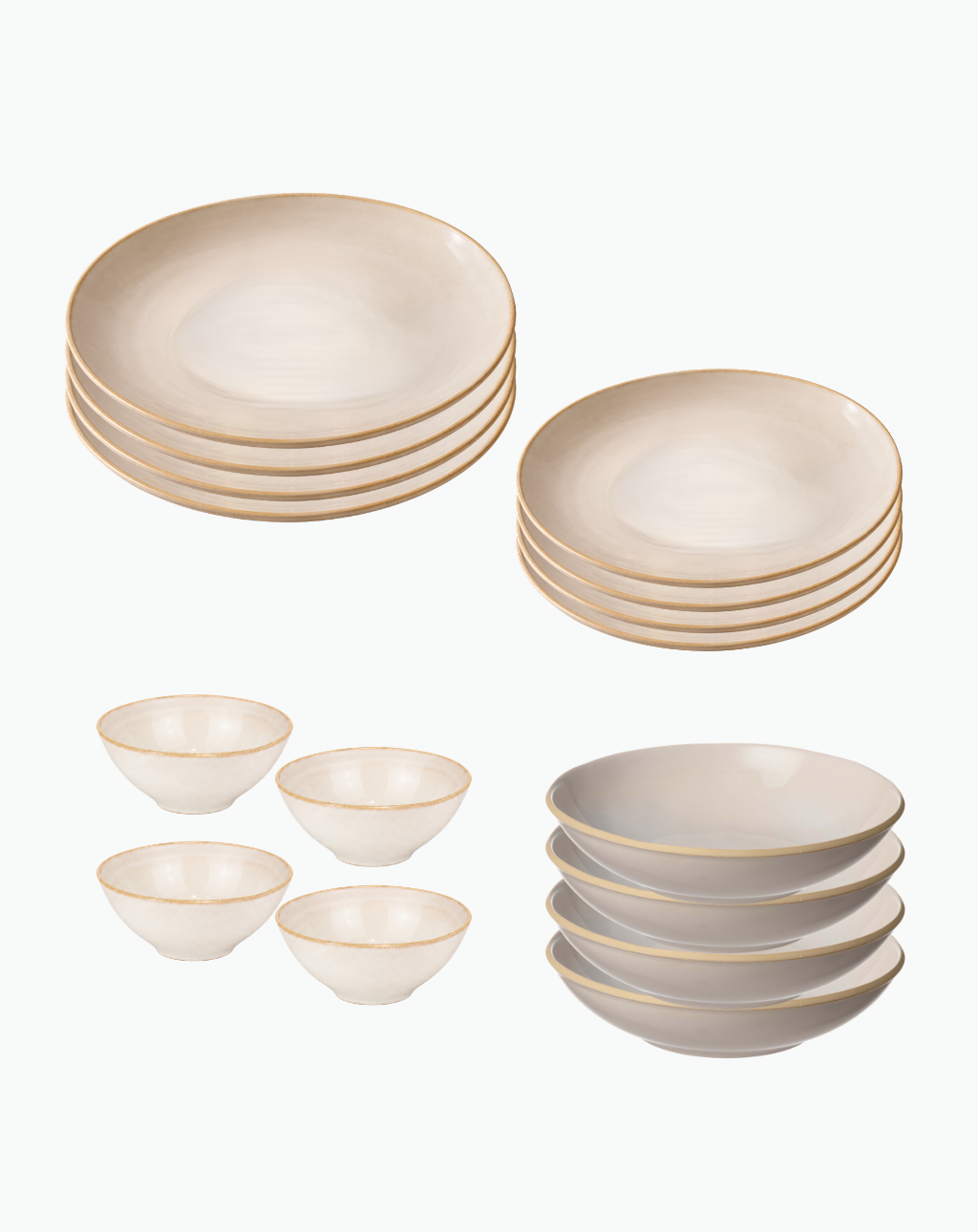 A set of ceramic tableware including plates and bowls in a warm cream color with a thin gold rim, arranged on a plain white background.