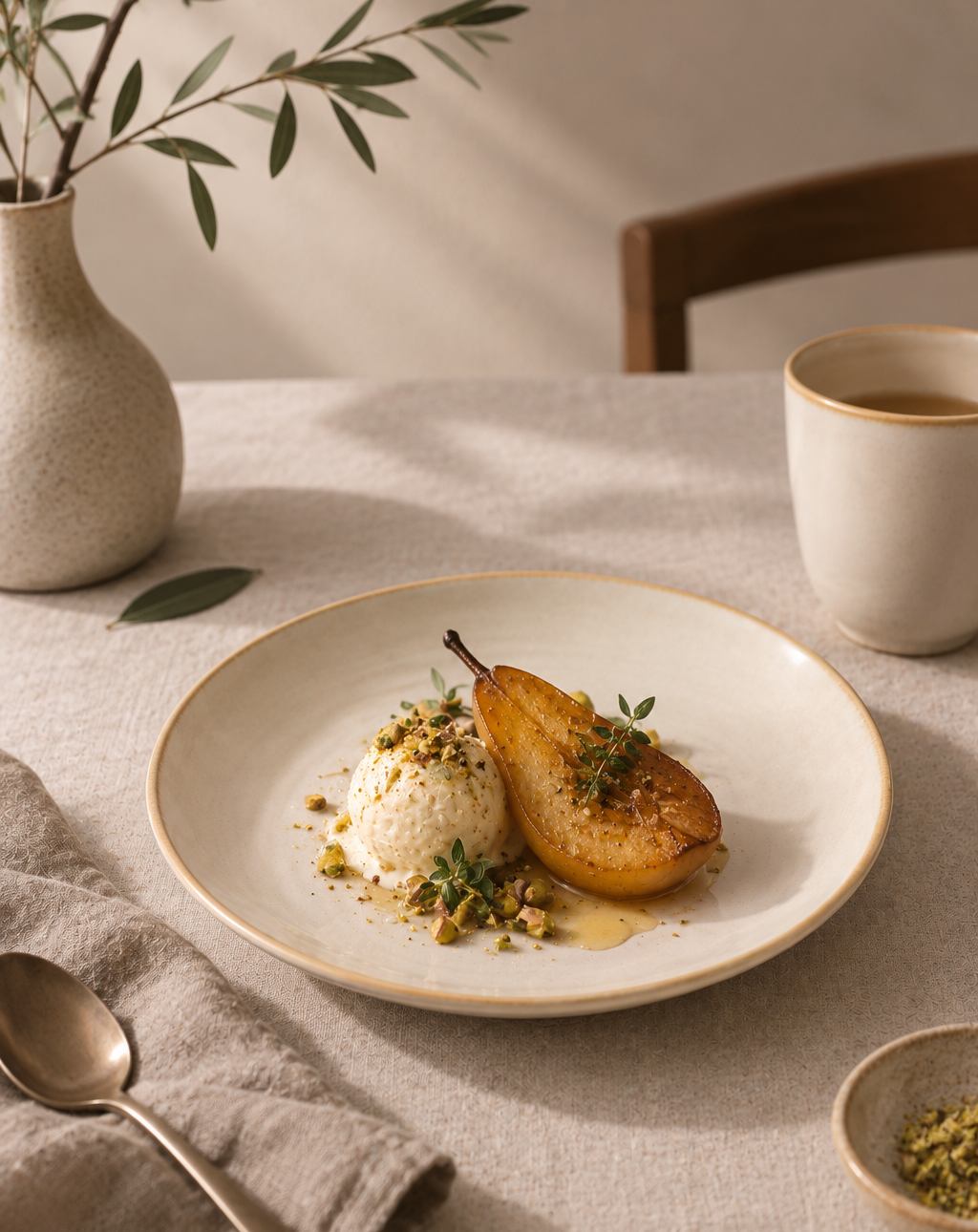 A beautifully styled dining table setting featuring a ceramic plate with a golden pear and a scoop of ice cream topped with crushed pistachios, alongside a vase, spoon, and cup on a linen tablecloth.